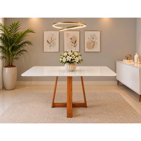 Mesa de Jantar Ibiza 120x80cm Pés em Madeira Maciça Tampo Laqueado com Vidro Branco/Mel