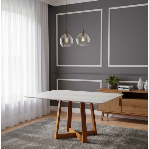 Mesa de Jantar Ibiza 120x80cm Pés em Madeira Maciça Tampo Laqueado com Vidro Branco/Mel