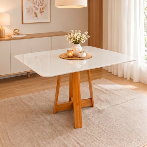 Mesa de Jantar Ibiza 135x90cm Pés em Madeira Maciça Tampo Laqueado com Vidro Branco/Mel