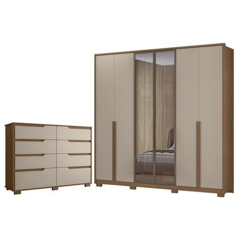 Guarda Roupa Casal Atacama 6 Portas Carvalho Fendi com Vidro Reflecta com Cômoda Gaveteiro Georgia
