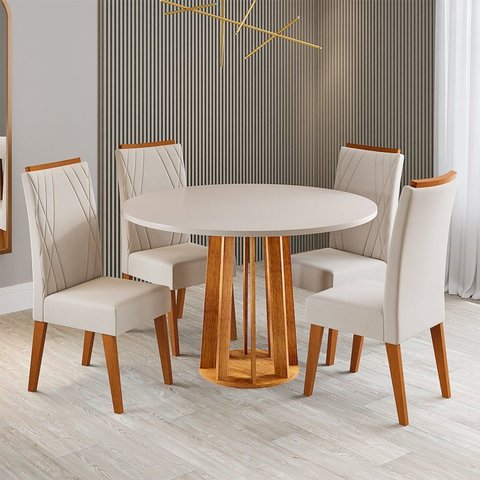 Conjunto Sala de Jantar 4 Lugares Redondo Tampo de MDF Mirelle Yescasa Bege