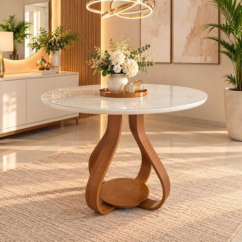 Mesa de Jantar Bella ( Pé Cebola ) 90cm Tampo Laqueado com Vidro Branco/Off-White/Mel