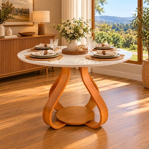 Mesa de Jantar 4 Lugares Redondo Bella Tampo 100cm Laqueado com Vidro Branco/Off-White/Mel