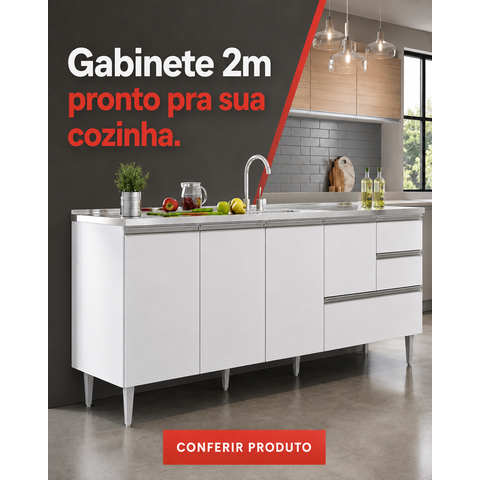 Balcão Gabinete Pia 2,00m Maceió Bymadero Branco – 4 Portas 2 Gavetas + 1 Gavetão