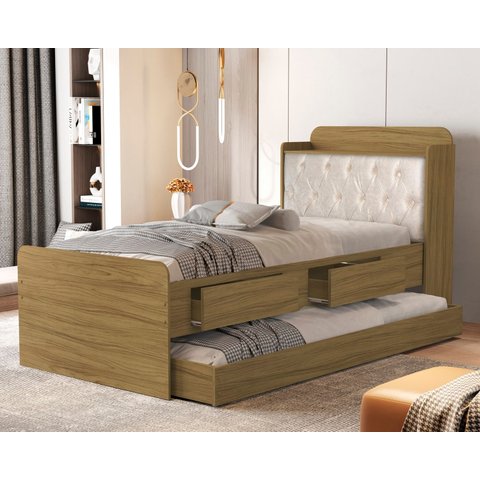 Cama de Solteiro com Auxiliar Tamires com Capitone Estofado 2 Gavetas e Bau de Mdf
