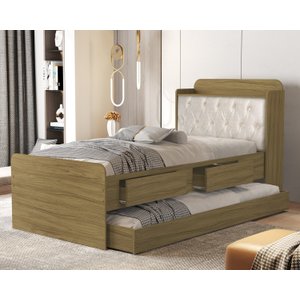 Cama de Solteiro com Auxiliar Tamires com Capitone Estofado 2 Gavetas e Bau de Mdf