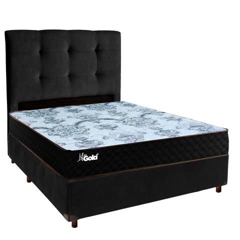 Conjunto Cama Box Preto Casal + Colchão Molas Ensacadas Life Gold Paropas + Cabeceira