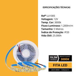 Fita Led 2835 3000k 12v Rolo 5m 240 Leds/m para Perfil Moderno - 3