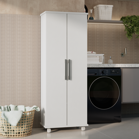 Armário Organizador Multiuso com 2 Portas e Rodízios Branco com Prateleiras Internas