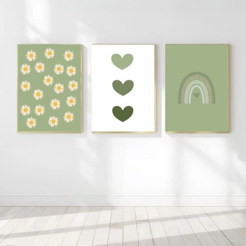 Kit 3 Quadros Decorativos Infantil - Boho Green NO2 - 30x40 - Moldura Madeira