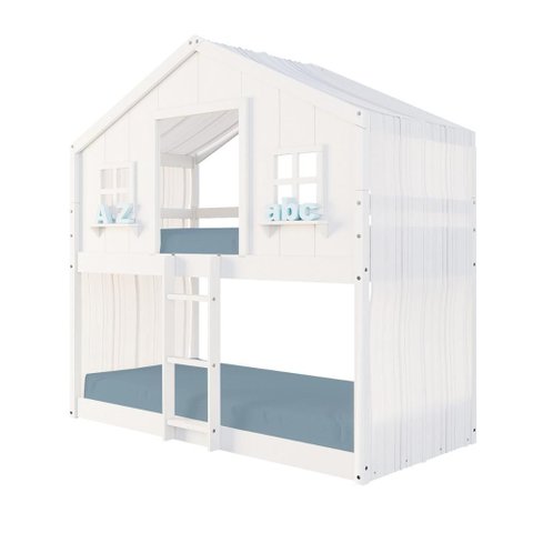 Beliche Infantil Montessori Casinha Dos Sonhos com Cortina Madeira Maciça Branco Megamobilia