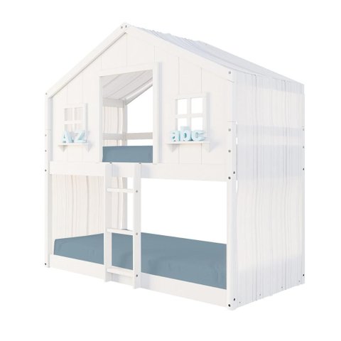 Beliche Infantil Montessori Casinha Dos Sonhos com Cortina Madeira Maciça Branco Megamobilia