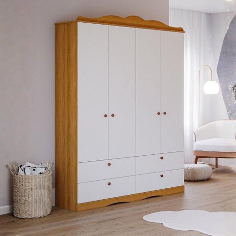 Guarda-Roupa Infantil 100% MDF 4 Portas e 4 Gavetas 158cm Multimóveis Crper-GRP130 Madeirado/Branco