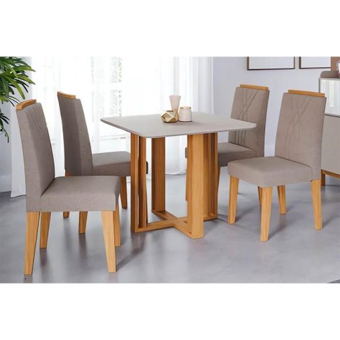 Conjunto: Mesa Sala Jantar Flora Tampo Madeirado C/ Vidro 95x95cm e 4 Cadeiras Nicole Nature/linho
