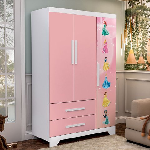 Roupeiro Infantil Princesas Rosa MDF Organizador para Quarto Menina Criança Moderno Delicado