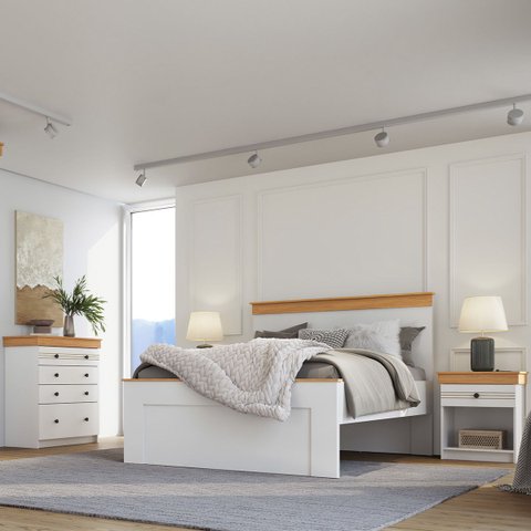 Conjunto Cama Casal 2 Mesas de Cabeceira e Cômoda England MDF Branco/Freijó