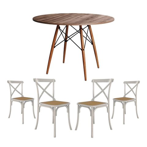 Conjunto de Mesa Eiffel Redondo Tampo de Madeira 90cm Amêndoa com 4 Cadeiras Katrina Branca Assento