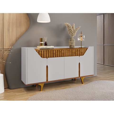 Aparador Buffet Portas em Mdf Ripado Real Pés de Madeira Maciça Danúbio