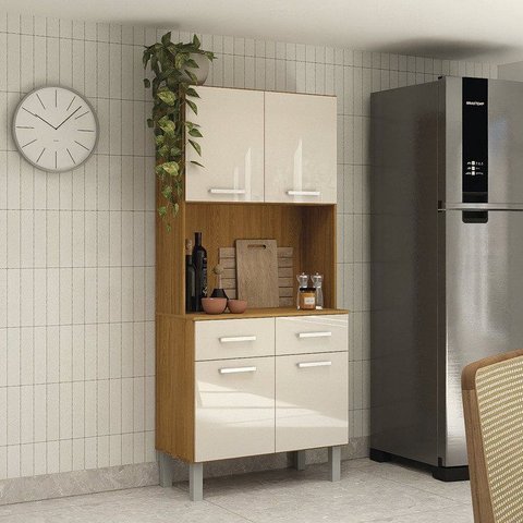 Kit Armário Cozinha Compacta 71cm x 163cm 4 Portas 2 Gavetas Serena Amadeirado/Off White