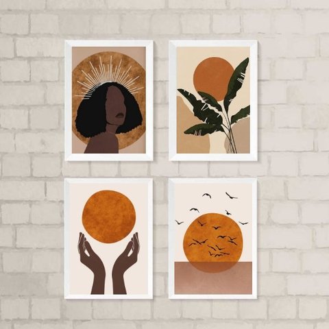 Kit 4 Quadros Decorativos Boho Mulher e lua 24x18cm:madeira Branca