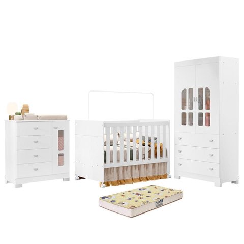 Dormitório Infantil New Katatau Guarda Roupa, Cômoda e Berço Branco Fosco com Colchão Supreme -