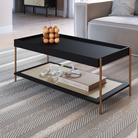 Mesa de Centro Retangular C/ Prateleira 93cm Palhinha Pé Metal Oslo Artesano | Hanover/dourado