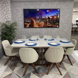 Sala de Jantar Mesa Esmeralda Com 6 Cadeiras Turim Giratórias (2 com Braços) D'Confort Design Linho  - 2