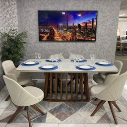 Sala de Jantar Mesa Esmeralda Com 6 Cadeiras Turim Giratórias (2 com Braços) D'Confort Design Linho  - 3