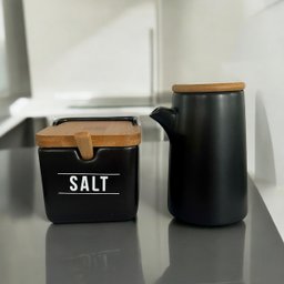 Kit 2 Peças Saleiro e Azeiteiro em Porcelana com Tampa de Bambu Prático e Sofisticado Temperos Preto - 6