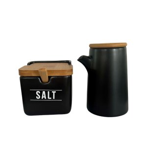 Kit 2 Peças Saleiro e Azeiteiro em Porcelana com Tampa de Bambu Prático e Sofisticado Temperos Preto