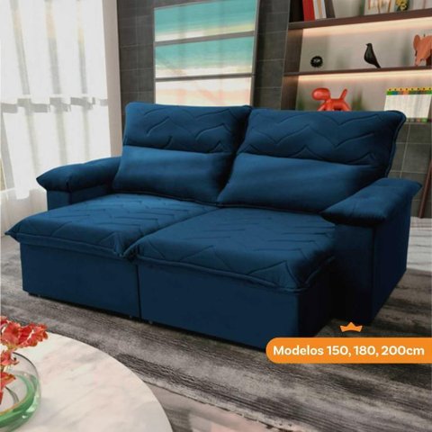 Sofá Retrátil Reclinável Paris 1,80m Suede Velut Azul Marinho Molas no Assento - King House