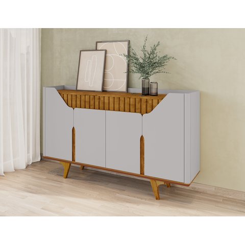 Aparador Buffet 4 Portas MDF Ripado Real Pés de Madeira Maciça Tâmisa Branco/Off-White/Marromle
