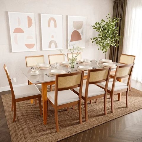 Mesa com 8 Cadeiras Madeira Maciça Tampo Mdf e Vidro Tangará Tiê Cabecasa Madeiraoriginals