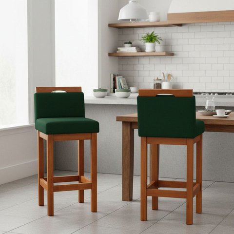 Banqueta Alta de Madeira Aurora Balcão Cozinha Bistro com Encosto Suede Verde