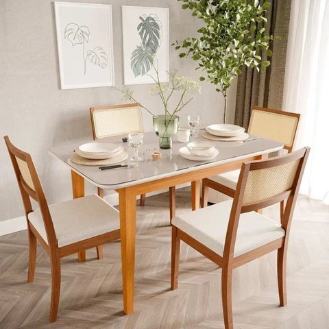 Mesa com 4 Cadeiras Madeira Maciça Tampo MDF e Vidro Tangará Tiê CabeCasa MadeiraOriginals Bege/Cara