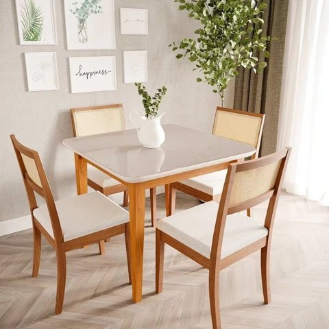 Mesa com 4 Cadeiras Madeira Maciça Tampo MDF e Vidro Tangará Tiê CabeCasa MadeiraOriginals Bege/Cara