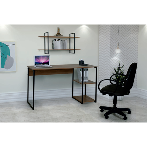 Mesa para Escritório com Prateleiras Industrial 1.37m Nogal/Preto