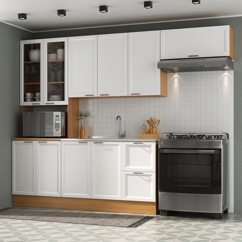 Cozinha Compacta Modulada 4 Peças 1 Paneleiro Duplo 2 Aéreos 1 Balcão Soho CabeCasa MadeiraOriginals Branco/Freijó