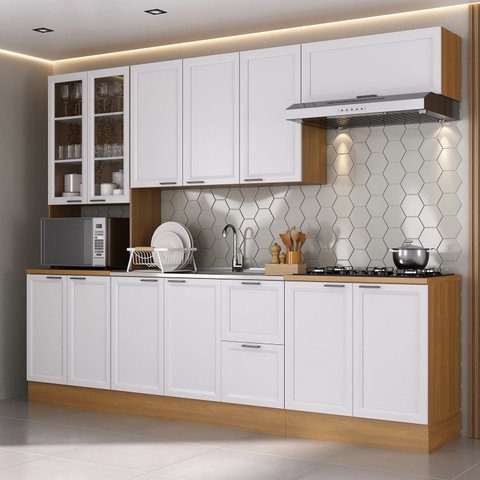 Cozinha Compacta Modulada 5 Peças 1 Paneleiro Duplo 2 Aéreos 2 Balcões Soho CabeCasa MadeiraOriginals Branco/Freijó