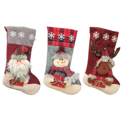 Trio de Botas Meias Decoração Enfeite de Natal Boneco Neve Papai Noel Rena 43cm