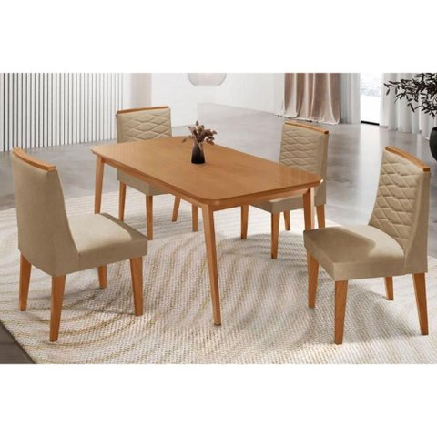Conjunto: Mesa de Cozinha Havana Tampo Curvo 120cm+4 Cadeiras Maldivas Madeira Naturale - Capuccino/