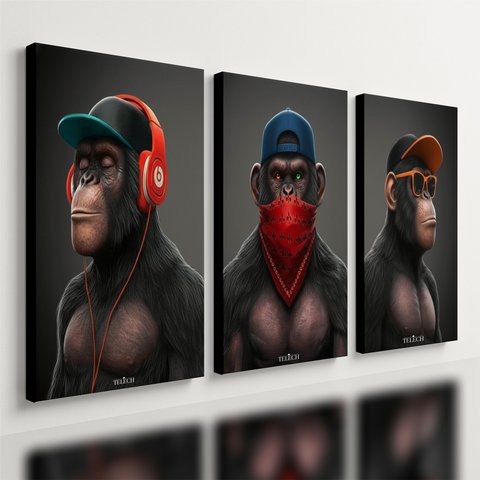 Kit 3 Quadro Decorativo Gangue Macacos Premium Sala Quarto Qualidade Premium 28x20cm