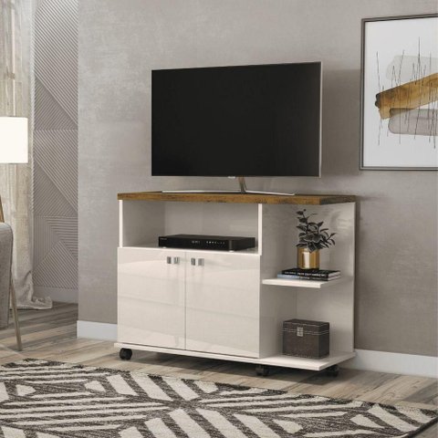 Rack Th Shop para TV Mármore Off White Canela 90cm MDP com Rodízios Lukaliam Móveis