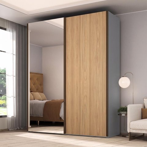 Roupeiro Veneto MDF 2 Portas com Espelho 183x230cm Cinza/Olmo 1001