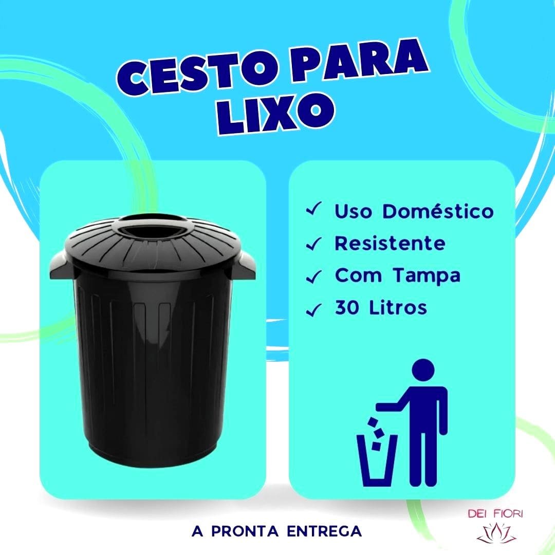 Cesto Lixo 30 Litros Tampa Alças Laterais Resistente Lixeira Cozinha Lavanderia Escritorio Reforçada - 3