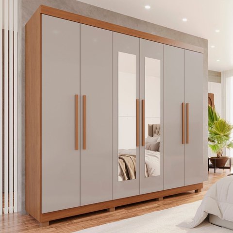 Guarda-Roupa Casal 6 Portas 4 Gavetas com Espelho com Pés New Malibu Espresso Móveis Off White/Cinamomo