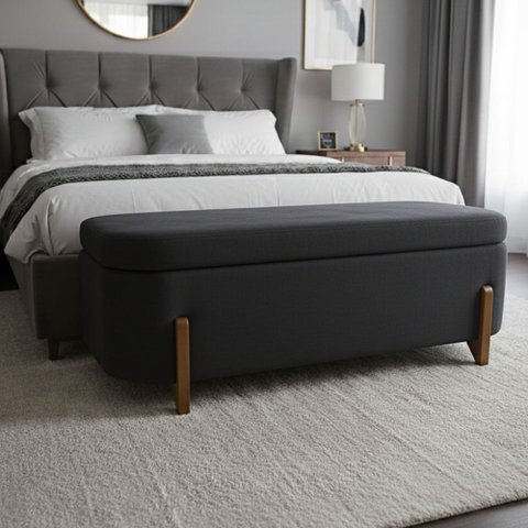 Banco Baú Organizador Estofado Orgânico Milão Peseira 1,40 Bouclê Chumbo - Vimont Moveis