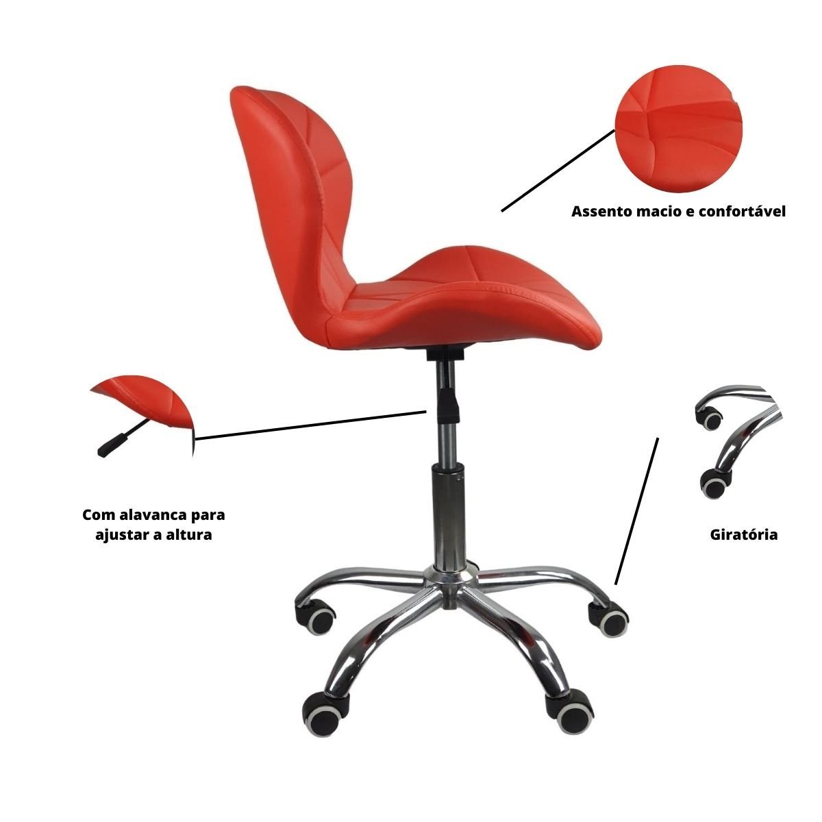 Kit 6 Cadeiras Office Eiffel Slim Ajustável Base Giratória - Vermelho - 3