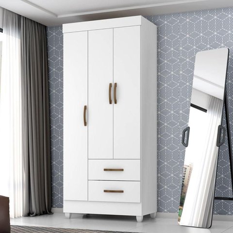 Guarda Roupa Solteiro Sevilha 3 Portas Bater 2 Gavetas MDP Branco Brilho 76cm Mobiliart