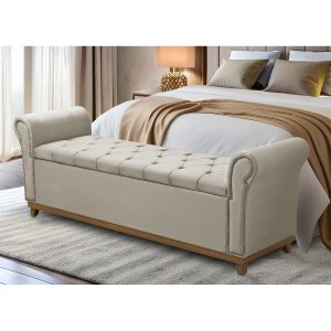 Baú para Quarto Cama Box Queen Size Grécia Madeira Estofado:bege
